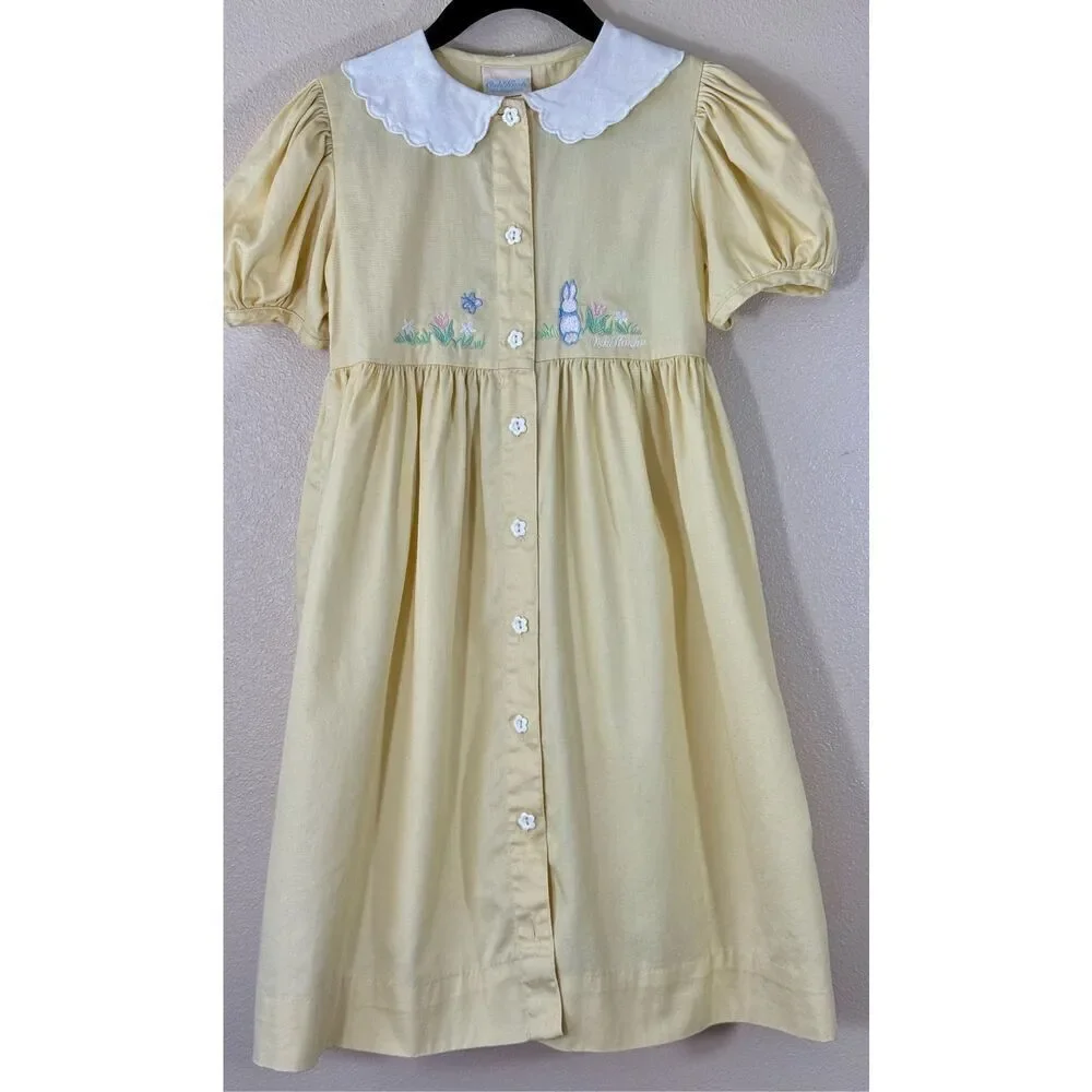 Vintage Oshkosh Collection Girls Pale Yellow Embroidered Flower Button Dress 6